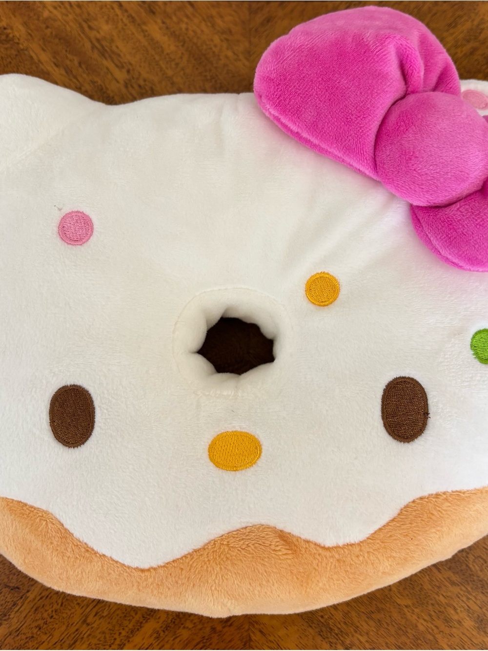 Hello Kitty White Plush Cafe Donut Pillow with Pink Bow and Colorful Sprinkles